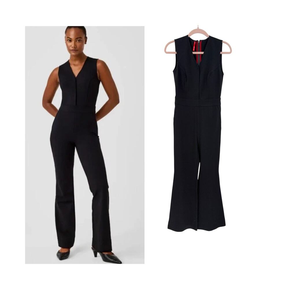 SPANX The Perfect Jumpsuit V Neck Flare Leg Classic Black Size XS